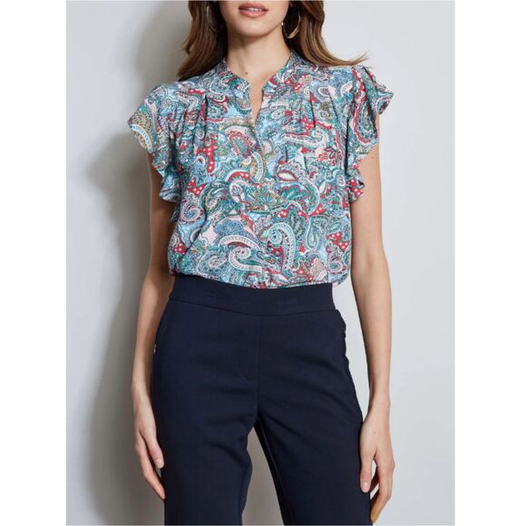 T-Tahari Flutter Sleeve Blouse Shirt Women's Size Small Royal Paisley Print - Picture 1 of 9